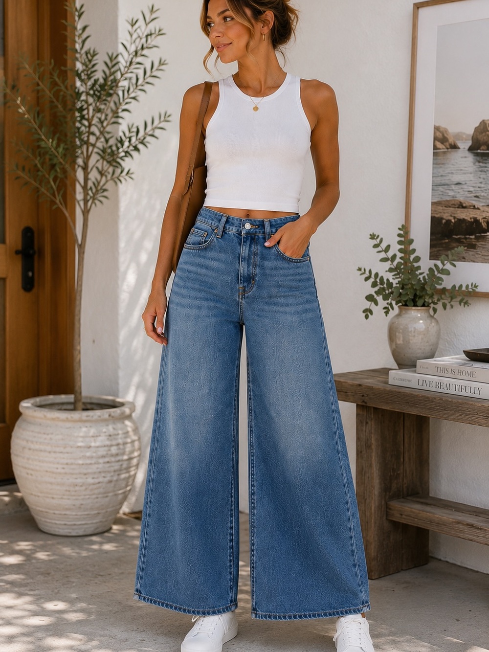 H&M High Rise Wide Leg Jeans Medium Wash Size 8